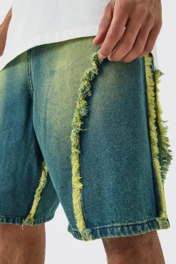 Frayed Edge Denim Jorts In Tinted Green | BoohooMAN UK
