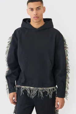 Frayed Tapestry Hooded Overshirt | BoohooMAN UK