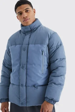 Funnel Neck Contrast Riptstop Puffer | BoohooMAN UK
