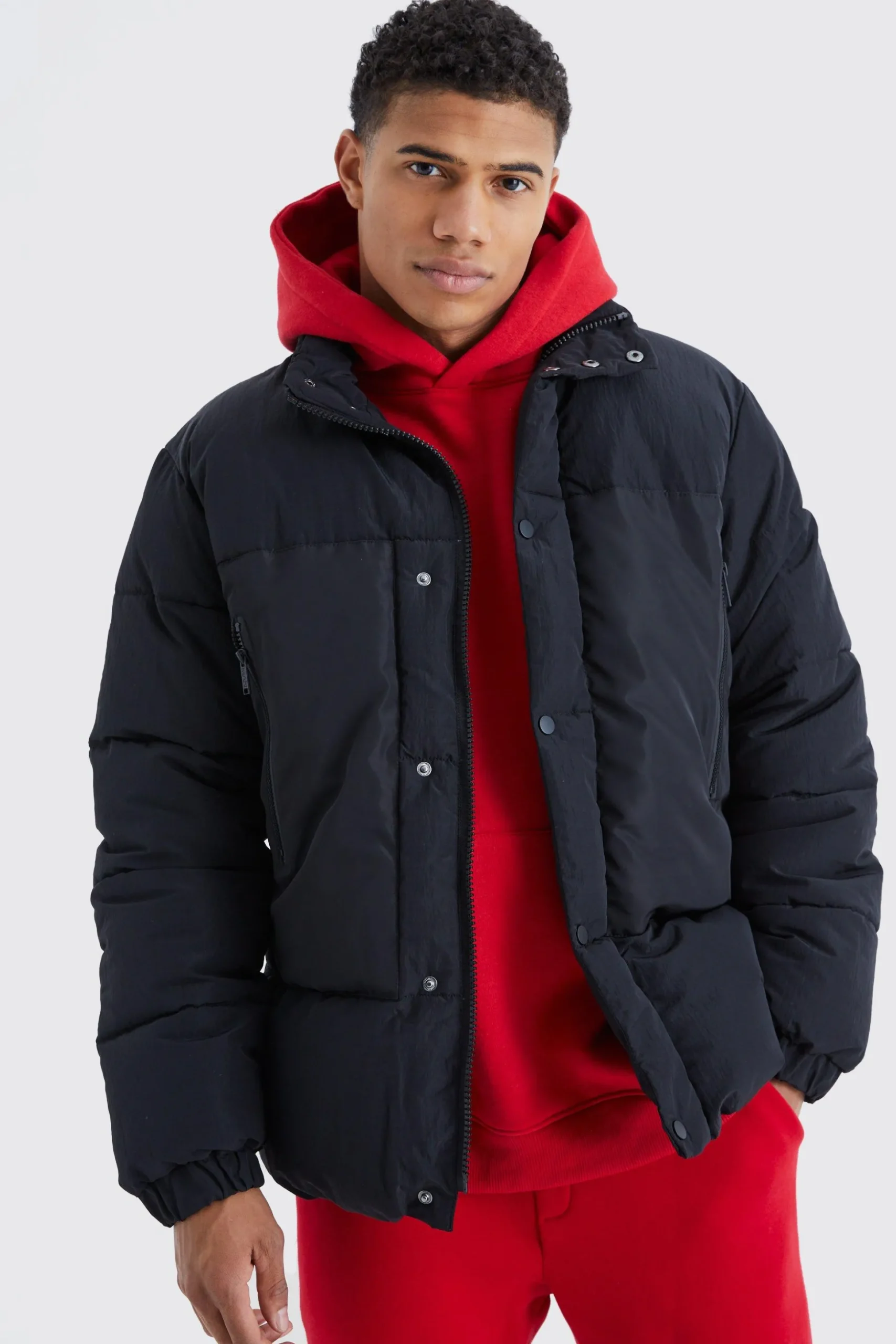Funnel Neck Contrast Riptstop Puffer | BoohooMAN UK