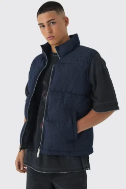 Funnel Neck Denim Puffer Panelled Indigo Gilet | BoohooMAN UK