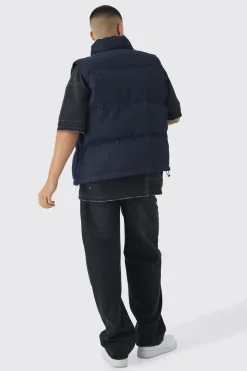 Funnel Neck Denim Puffer Panelled Indigo Gilet | BoohooMAN UK
