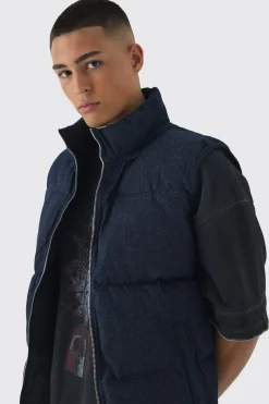 Funnel Neck Denim Puffer Panelled Indigo Gilet | BoohooMAN UK