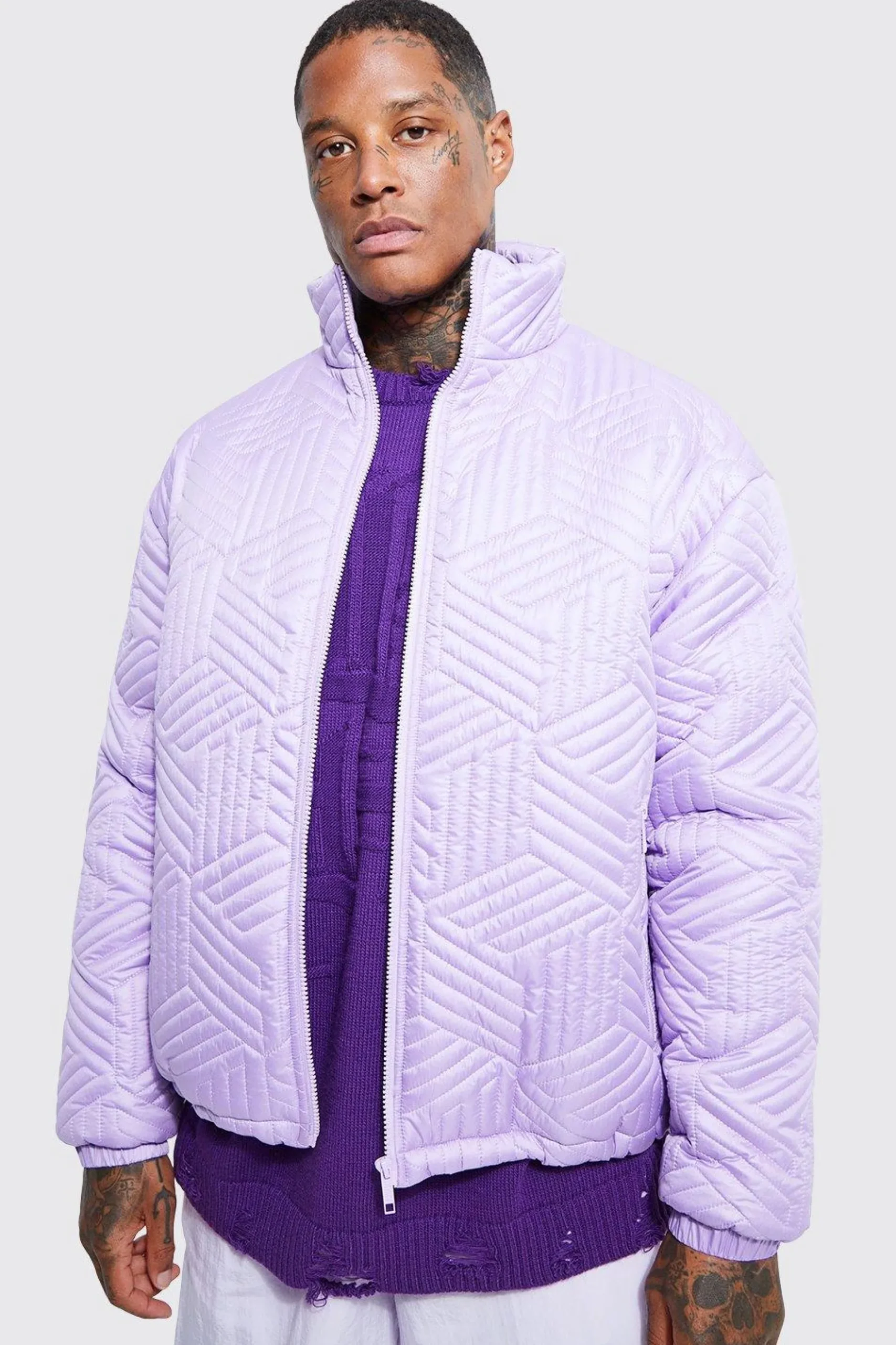 Funnel Neck Oversized Quilted Puffer | BoohooMAN UK