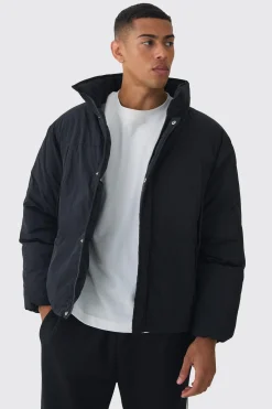 Funnel Neck Padded Jacket In Black | BoohooMAN UK