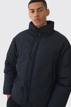 Funnel Neck Padded Jacket In Black | BoohooMAN UK
