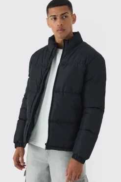Funnel Neck Puffer Jacket In Black | BoohooMAN UK