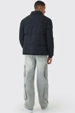 Funnel Neck Puffer Jacket In Black | BoohooMAN UK