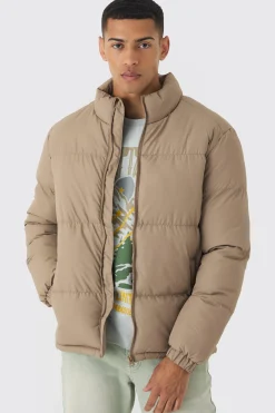Funnel Neck Puffer Jacket In Stone | BoohooMAN UK