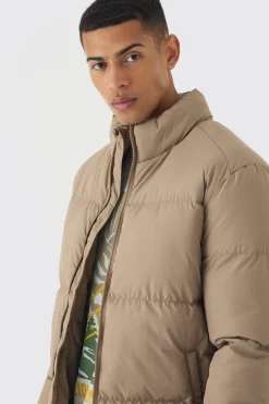 Funnel Neck Puffer Jacket In Stone | BoohooMAN UK