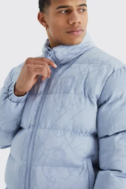 Funnel Neck Satin Chain Print Puffer | BoohooMAN UK