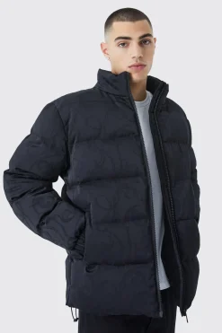 Funnel Neck Satin Chain Print Puffer | BoohooMAN UK