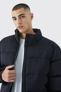 Funnel Neck Satin Chain Print Puffer | BoohooMAN UK