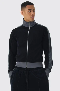 Funnel Neck Velour Track Top | BoohooMAN UK