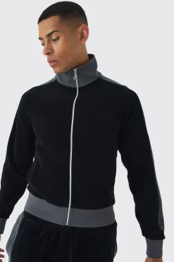 Funnel Neck Velour Track Top | BoohooMAN UK
