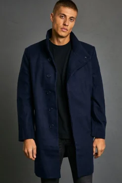 Funnel Neck Wool Look Overcoat | BoohooMAN UK