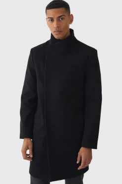 Funnel Neck Wool Look Overcoat In Black | BoohooMAN UK
