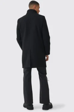 Funnel Neck Wool Look Overcoat In Black | BoohooMAN UK