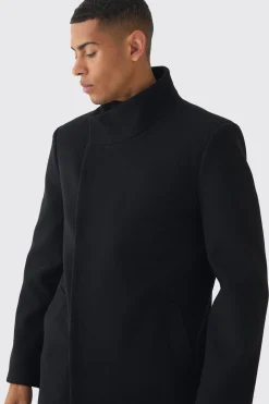 Funnel Neck Wool Look Overcoat In Black | BoohooMAN UK
