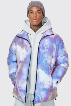 Galactic Reflective Print Hooded Puffer | BoohooMAN UK