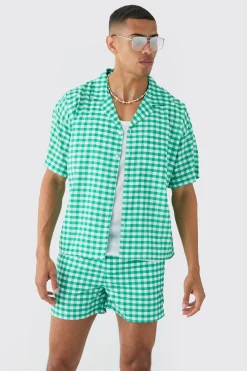 Gingham Shirt & Swim Short Set | BoohooMAN UK