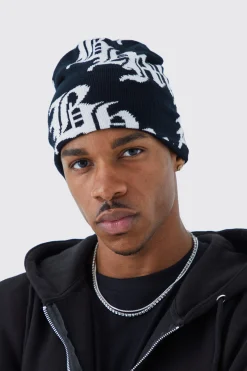 Gothic Logo Jacquard Beanie | BoohooMAN UK