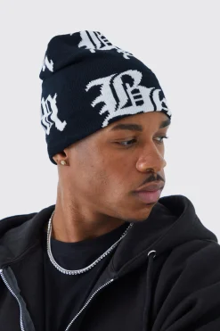 Gothic Logo Jacquard Beanie | BoohooMAN UK