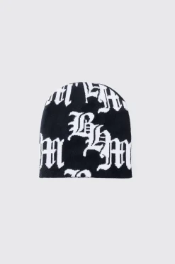 Gothic Logo Jacquard Beanie | BoohooMAN UK