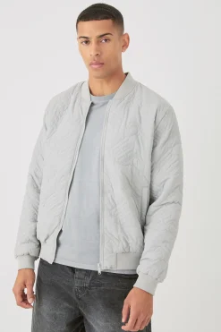 Gothic M Quilted Bomber Jacket In Grey | BoohooMAN UK