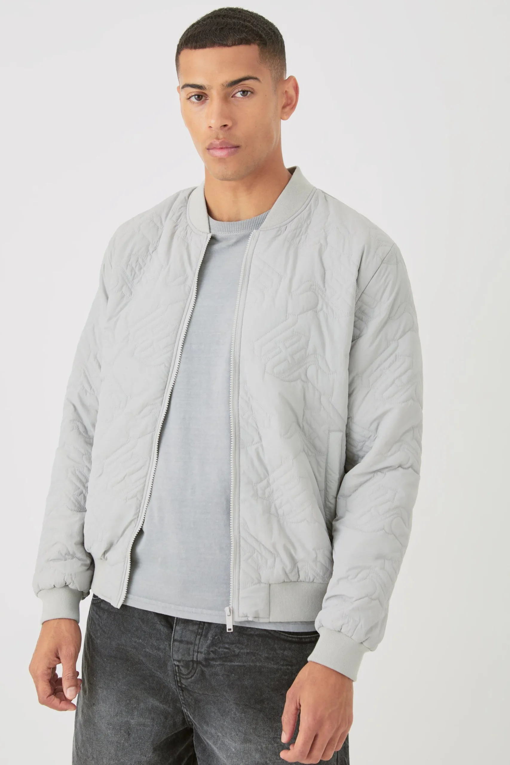 Gothic M Quilted Bomber Jacket In Grey | BoohooMAN UK