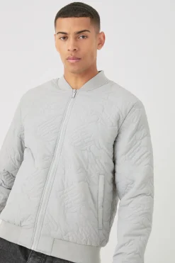 Gothic M Quilted Bomber Jacket In Grey | BoohooMAN UK