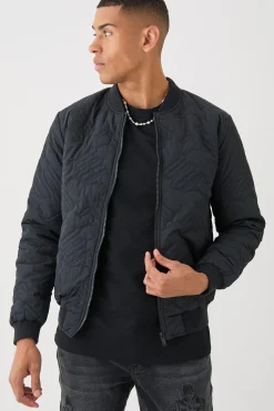 Gothic M Quilted Bomber Jacket In Black | BoohooMAN UK