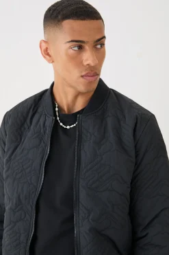 Gothic M Quilted Bomber Jacket In Black | BoohooMAN UK