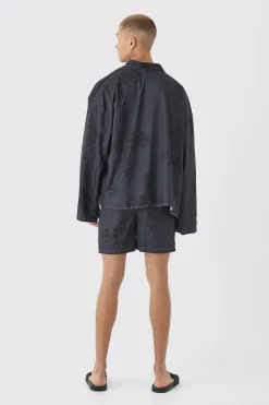 Gothic Print Kimono Shirt & Swim Short Set | BoohooMAN UK