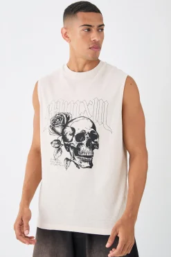 Gothic Renaissance Skull And Rose Waffle Printed Tank | BoohooMAN UK