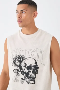 Gothic Renaissance Skull And Rose Waffle Printed Tank | BoohooMAN UK