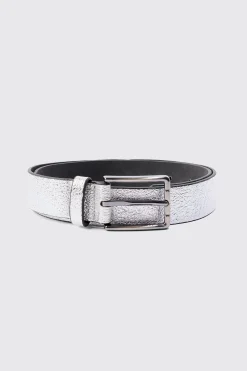 Grain Texture Belt In Silver | BoohooMAN UK