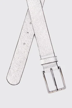 Grain Texture Belt In Silver | BoohooMAN UK