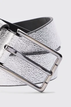 Grain Texture Belt In Silver | BoohooMAN UK