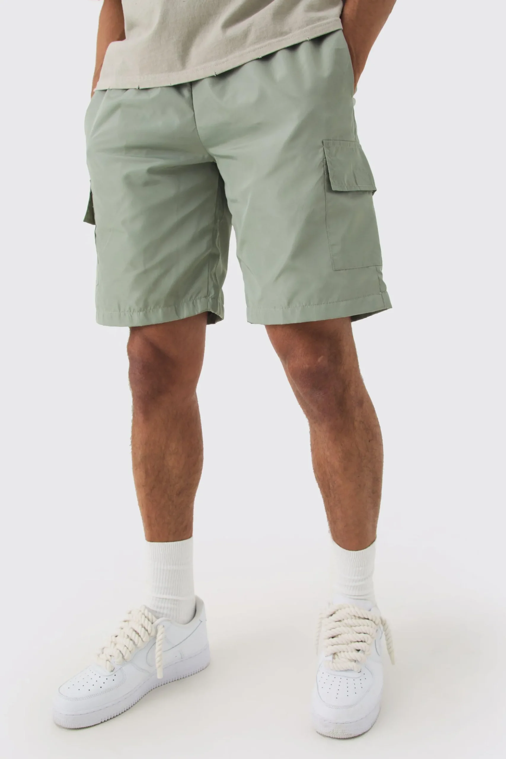 Grey Nylon Elastic Waist Cargo Shorts | BoohooMAN UK