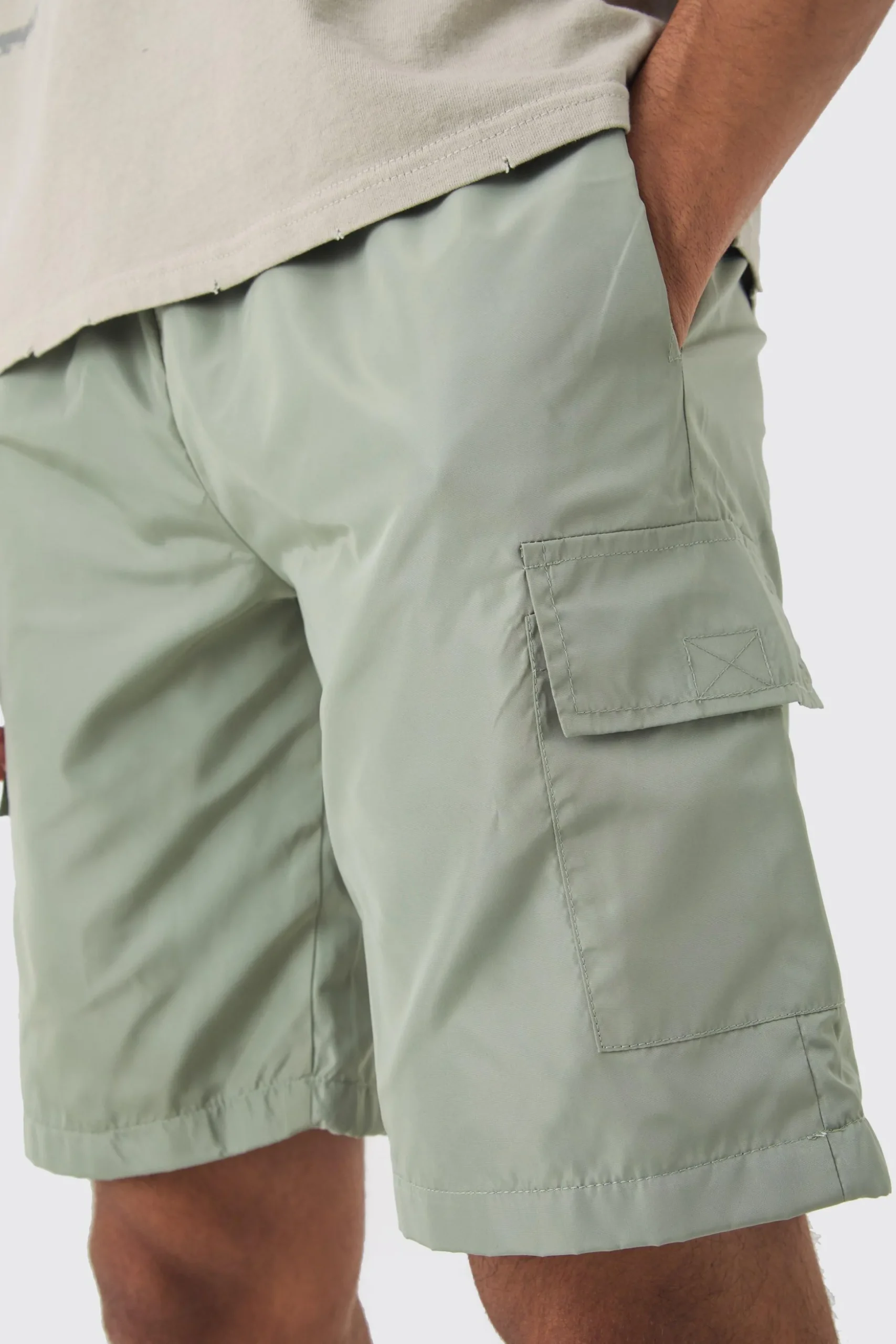 Grey Nylon Elastic Waist Cargo Shorts | BoohooMAN UK