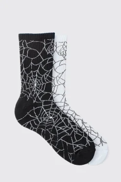 Halloween 2 Pack Spider Web Ribbed Socks | BoohooMAN UK