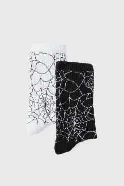 Halloween 2 Pack Spider Web Ribbed Socks | BoohooMAN UK