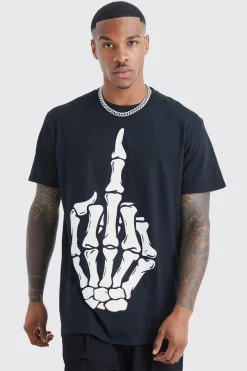 Halloween Skeleton Middle Finger Halloween T-shirt | BoohooMAN UK