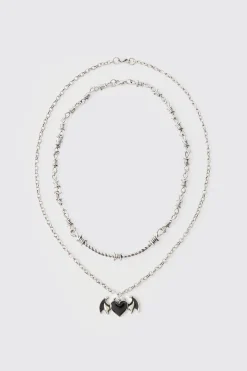Heart Bat Wing Pendant Necklace | BoohooMAN UK