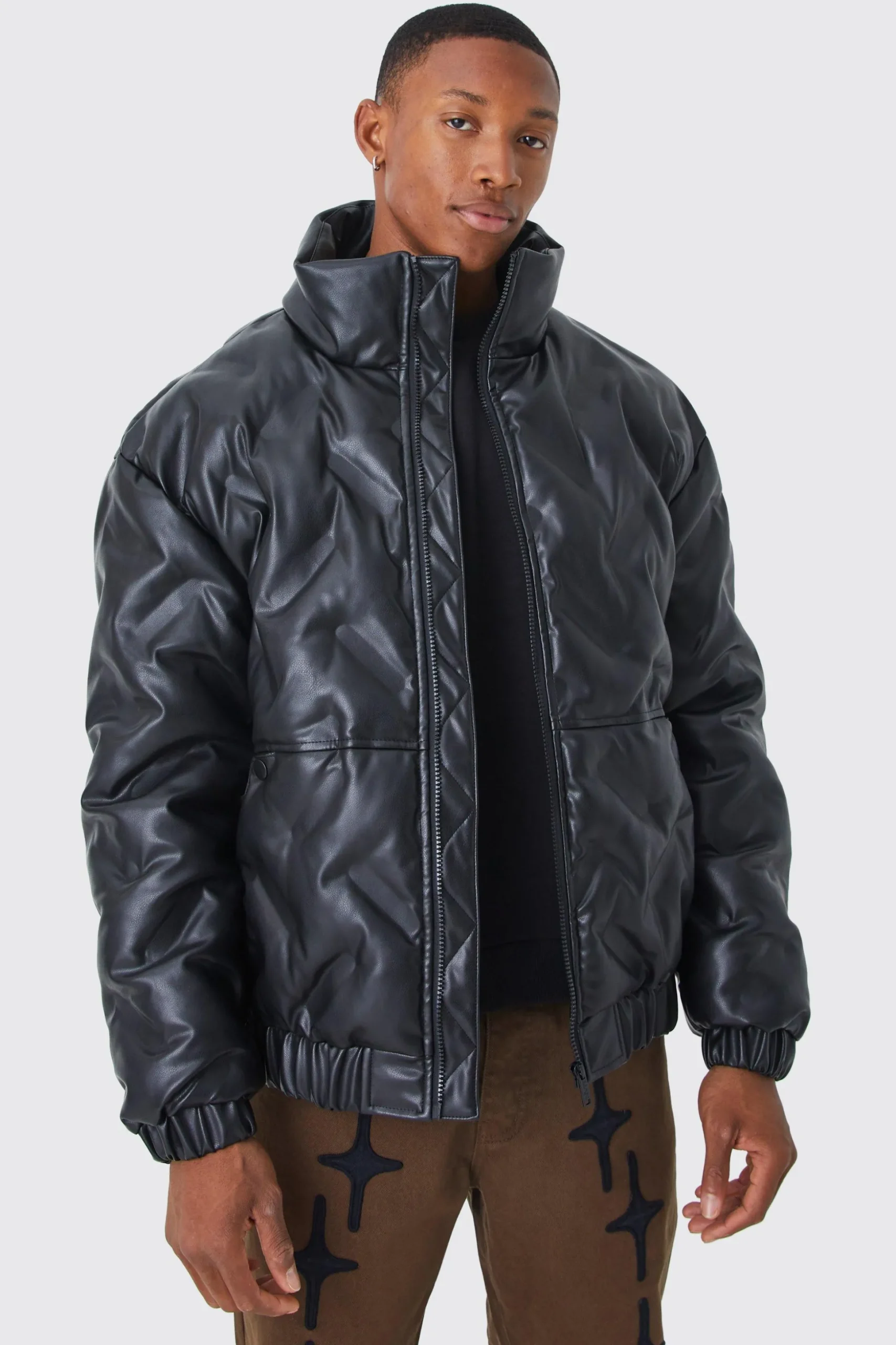 Heat Seal Pu Funnel Neck Puffer | BoohooMAN UK