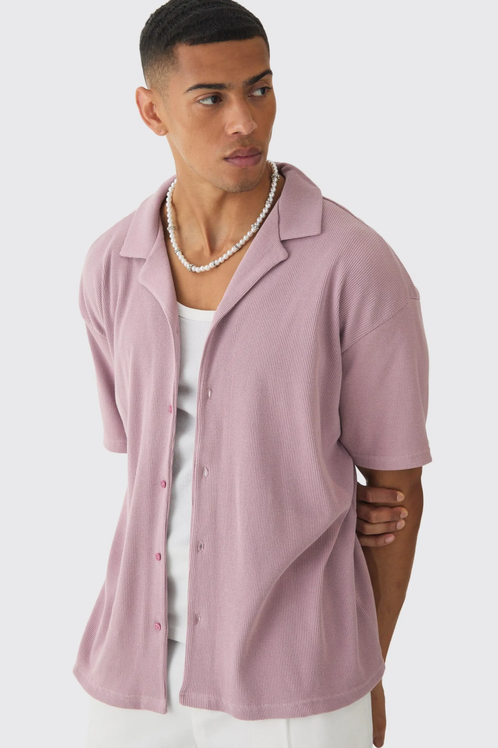 Heavyweight Oversized Revere Ribbed Jersey Shirt | BoohooMAN UK