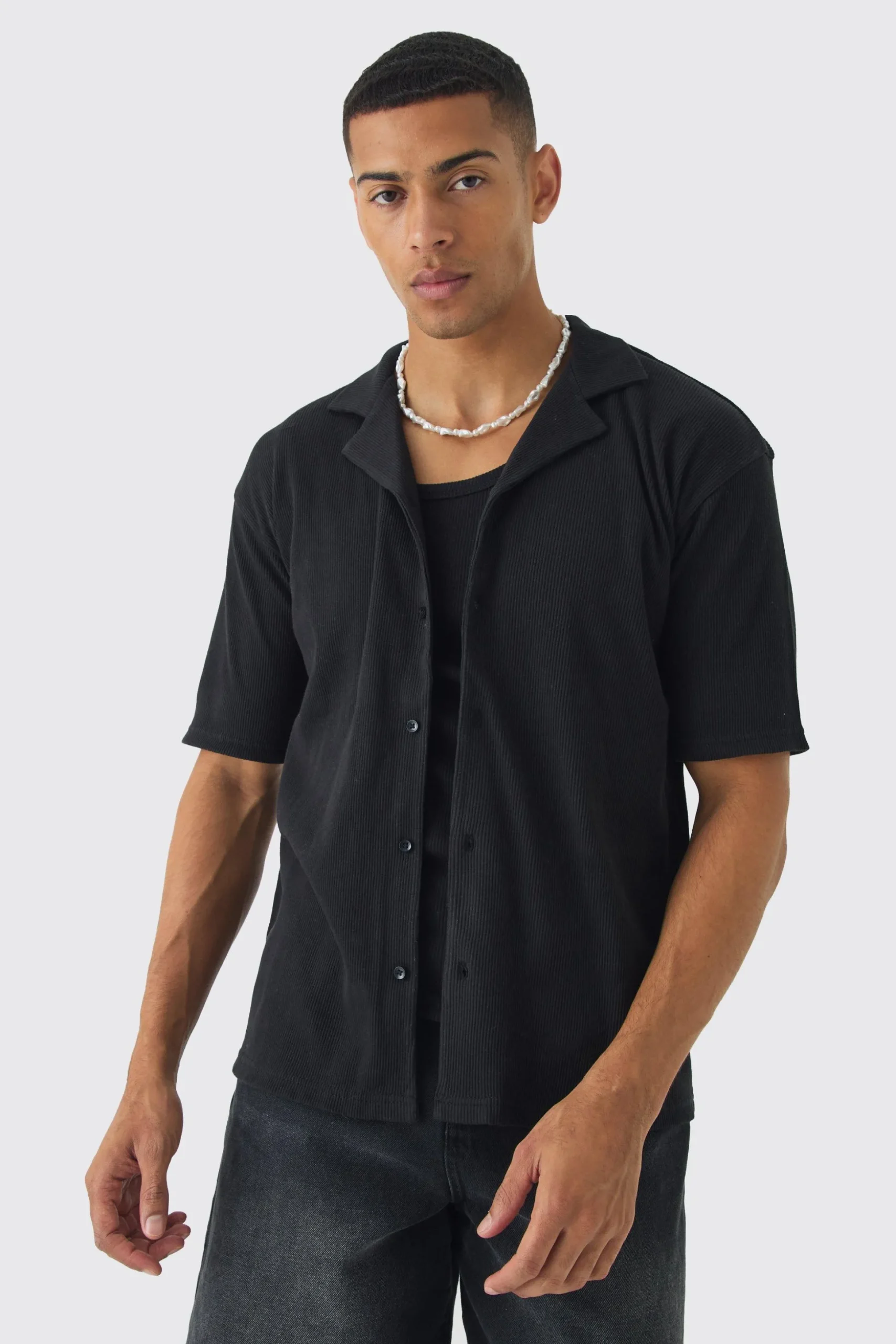 Heavyweight Oversized Revere Ribbed Jersey Shirt | BoohooMAN UK
