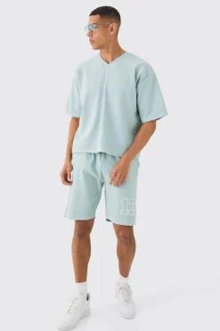 Heavyweight Ribbed Washed Short Sleeve Sweatshirt & Short Set | BoohooMAN UK