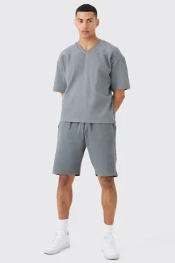 Heavyweight Ribbed Washed Short Sleeve Sweatshirt & Short Set | BoohooMAN UK